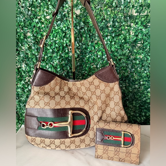 Gucci Handbags - Gucci Horsebit Monogram Brown and Tan Shoulder Hobo Bag with Wallet Bundle